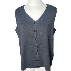 Cottagecore Ramie Knit Vest Floral Embroidered Button Front Bentley Womens M